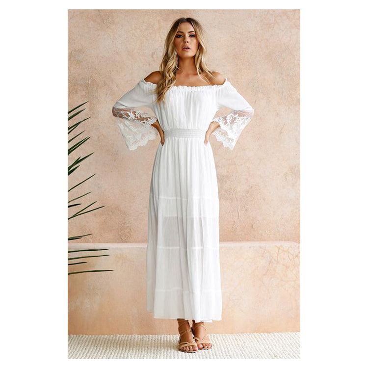 Summer 2019 Woman Dress Sexy Off Shoulder Long Sleeve Maxi White Lace Dresses