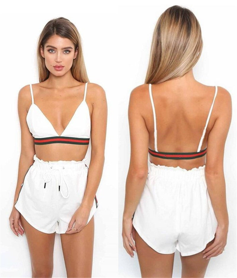 Summer Strap Chest Wrap Women Outfits Crop Top Running Two Piece Shorts Set With Metal Button Side Stripe