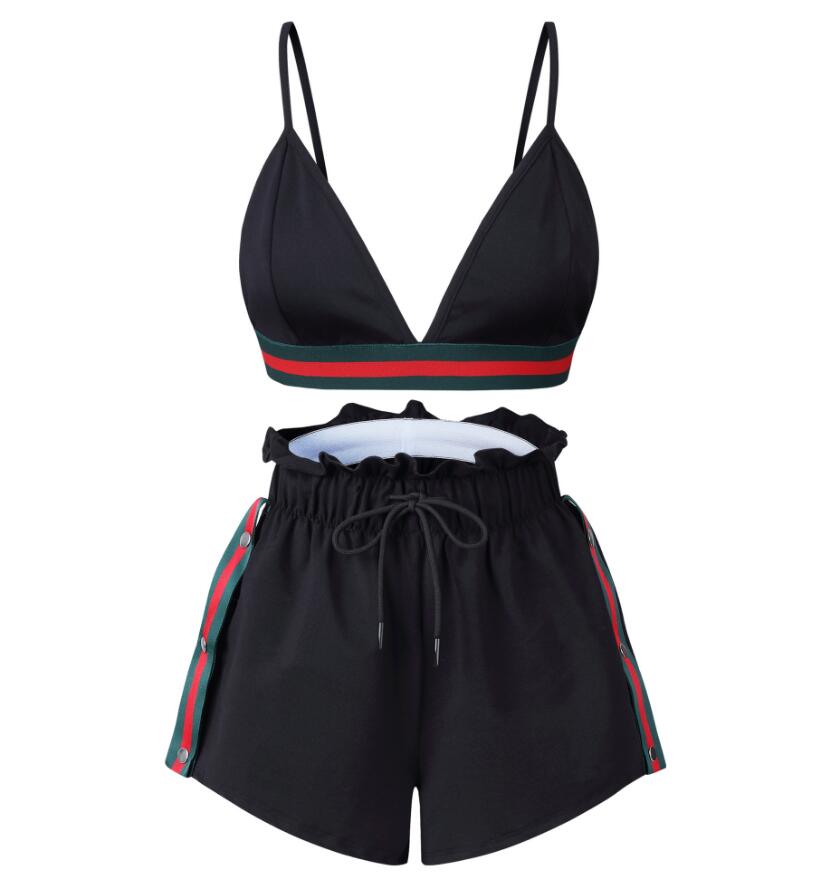 Summer Strap Chest Wrap Women Outfits Crop Top Running Two Piece Shorts Set With Metal Button Side Stripe