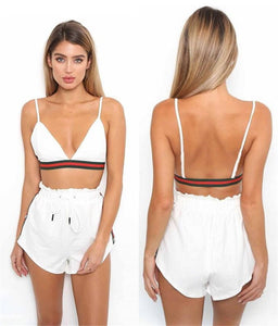 Summer Strap Chest Wrap Women Outfits Crop Top Running Two Piece Shorts Set With Metal Button Side Stripe