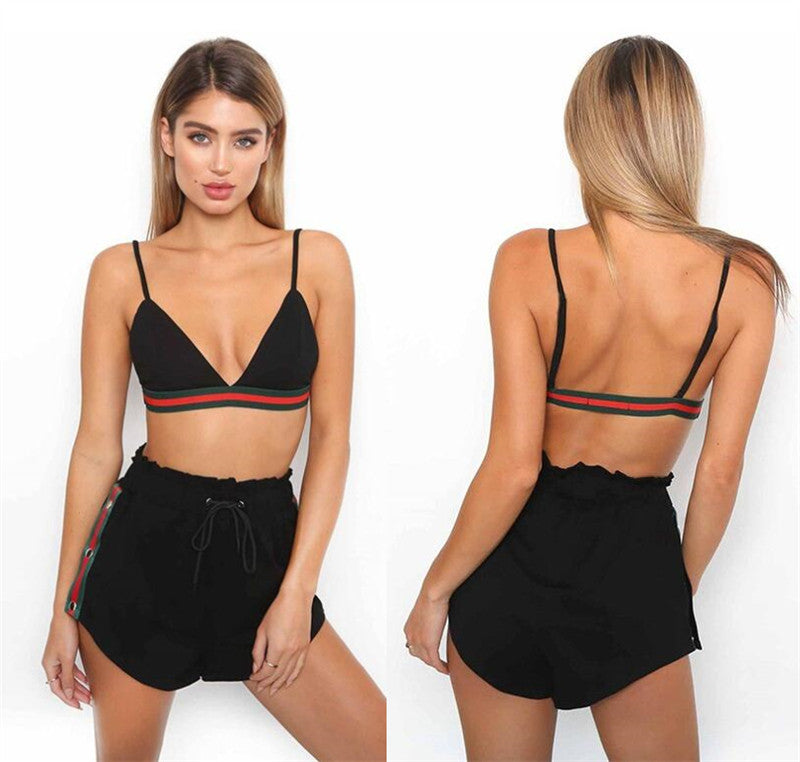 Summer Strap Chest Wrap Women Outfits Crop Top Running Two Piece Shorts Set With Metal Button Side Stripe