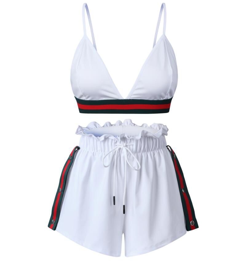 Summer Strap Chest Wrap Women Outfits Crop Top Running Two Piece Shorts Set With Metal Button Side Stripe