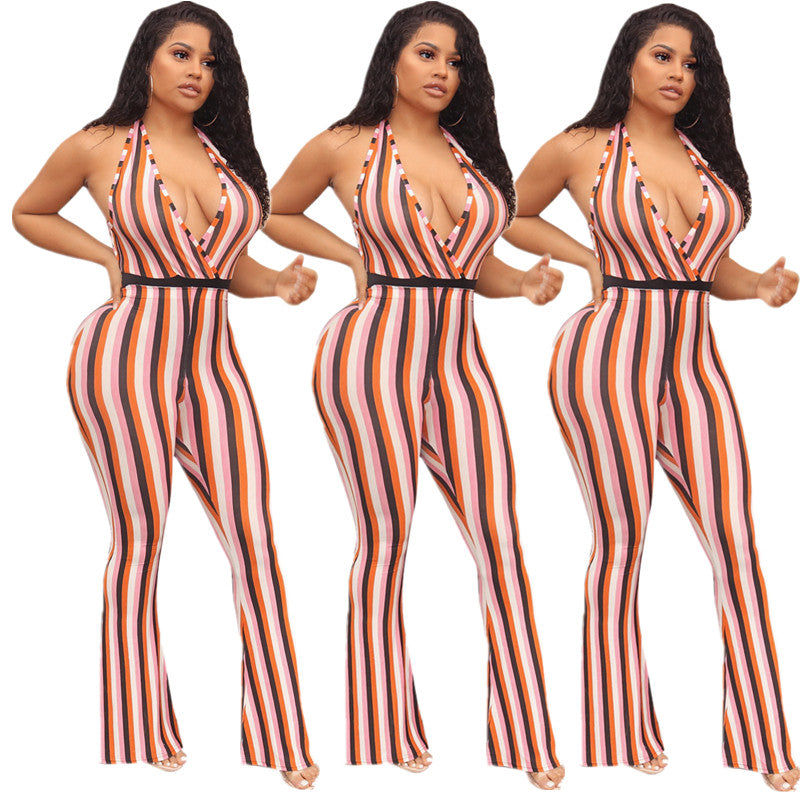 Summer Two Pieces Set Round Neck Tops High Waist Wide Legs Long Pants women jumpsuits and rompers