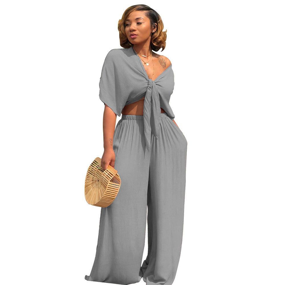 TY7003 wholesale solid casual loose wide leg two piece set women clothing