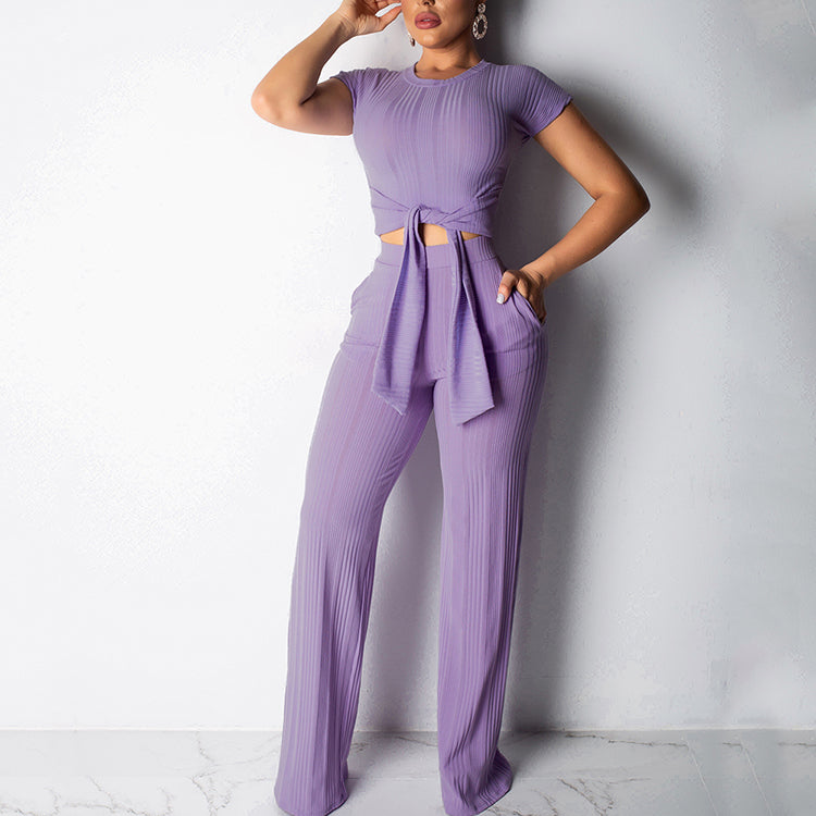 Tight Short Sleeve Crop Top Casual Wide Leg Pants Women Jumpsuit Two Piece Set Women