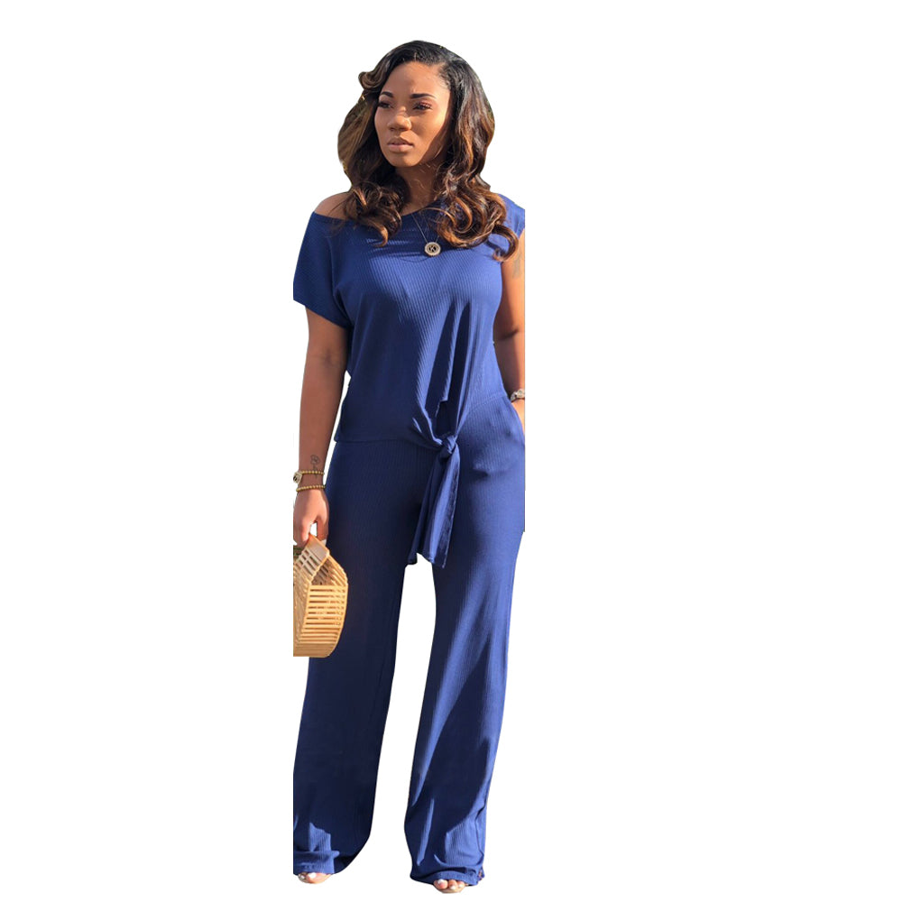 Tight Short Sleeve Crop Top Casual Wide Leg Pants Women Pants Two Piece Set Women