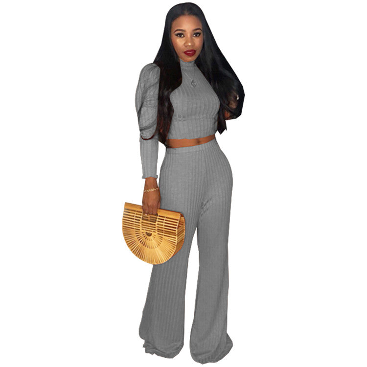 Autumn new long sleeve crop top and wide leg pant elastic fabric women two piece set