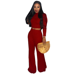 Autumn new long sleeve crop top and wide leg pant elastic fabric women two piece set