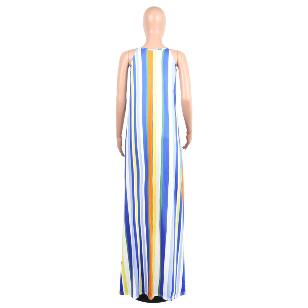 WNAT3005 women casual striped off shoulder summer maxi long dress