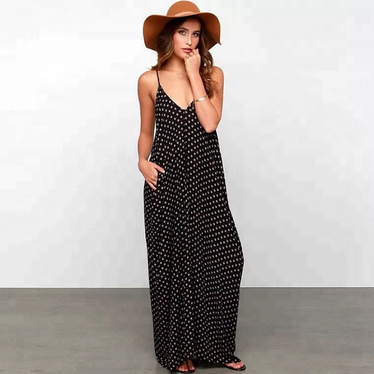 Wholesale 2018 Summer  Women Polka Dot Print V Neck Sleeveless Sundress Loose Maxi Long Beach Bohemian Vintage Maxi Dress