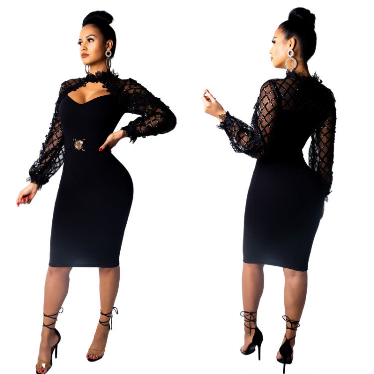 Wholesale Cut Out Sexy Women Dress with Sequin Mesh Sleeves Black Knee Length Bodycon Dress Club Party Hot Night Dress