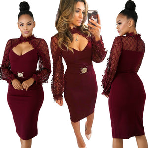 Wholesale Cut Out Sexy Women Dress with Sequin Mesh Sleeves Black Knee Length Bodycon Dress Club Party Hot Night Dress