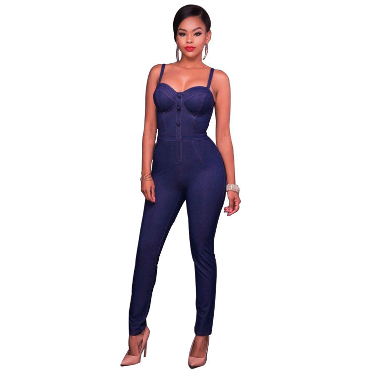 Wholesale Ladies Strap Jumpsuit Sleeveless Bodycon Jumpsuit Jean Style with Back Zipper  Denim Jumpsuit Women