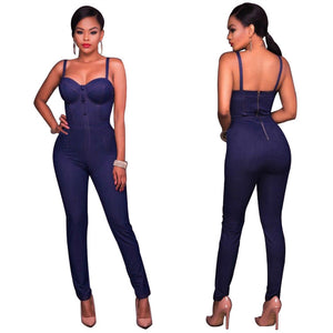 Wholesale Ladies Strap Jumpsuit Sleeveless Bodycon Jumpsuit Jean Style with Back Zipper  Denim Jumpsuit Women