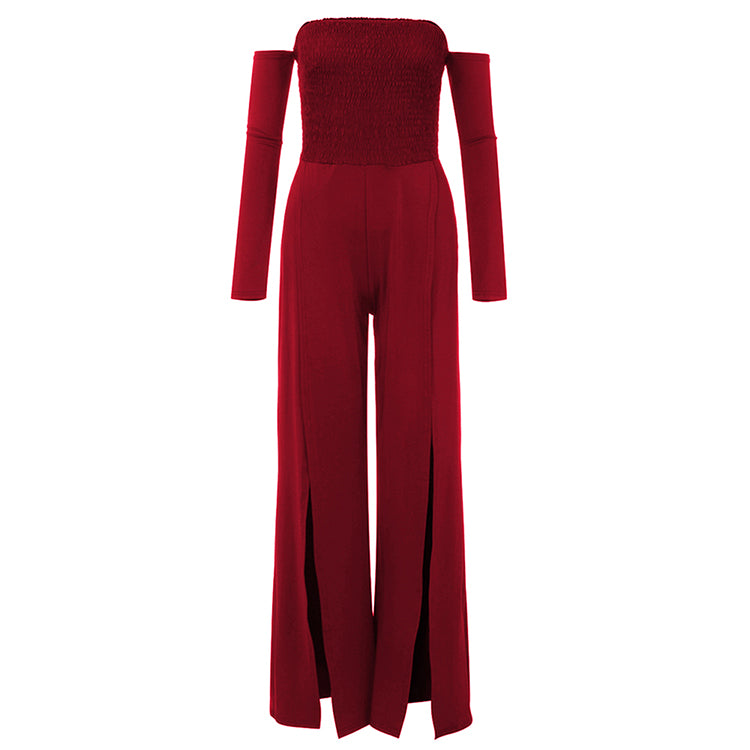 Wholesale Sexy High Split Leg Off The Shoulder Party Wear Women Long Sleeve Jumpsuit