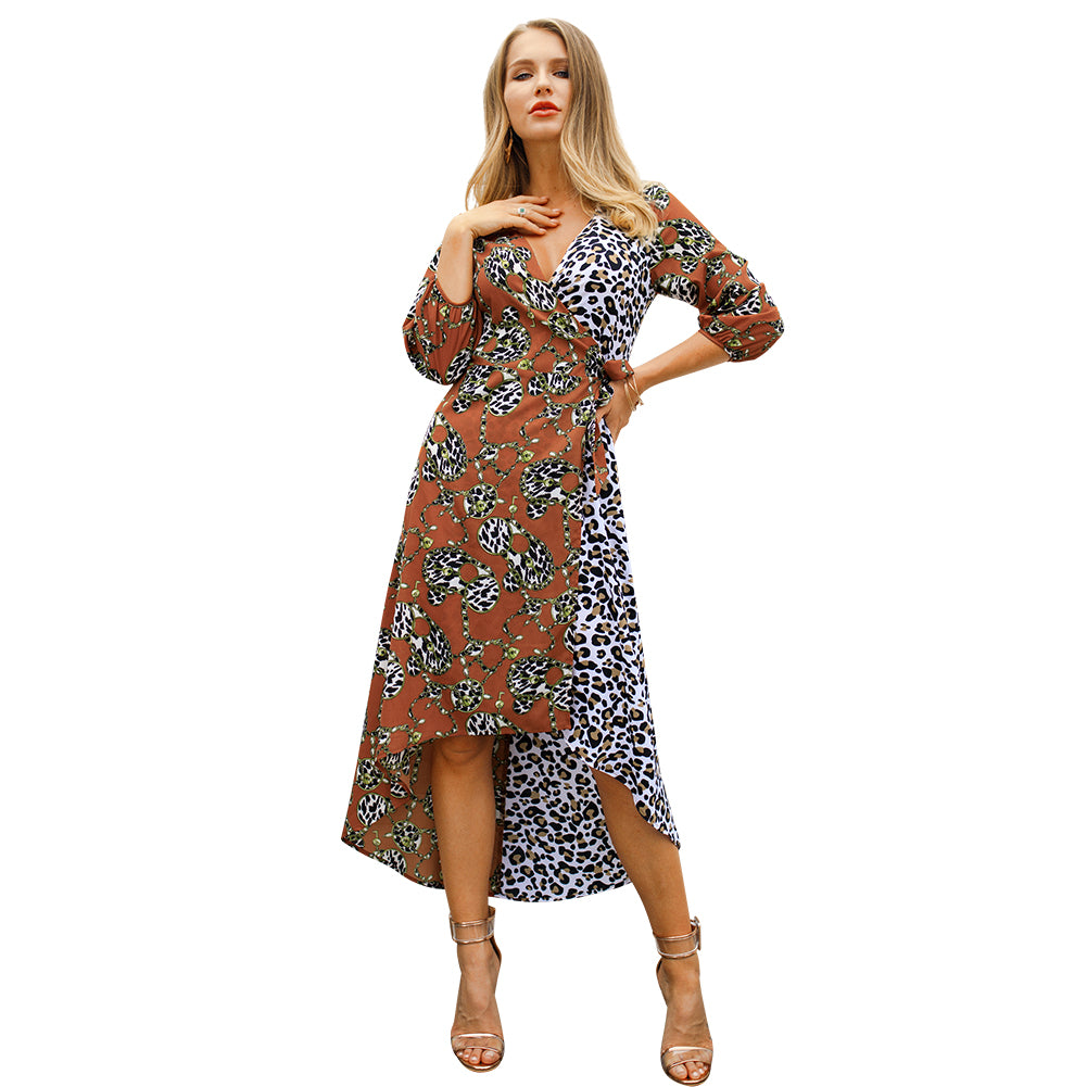 Wholesale custom two leopard print matching maxi clothing chiffon women bohemian dress