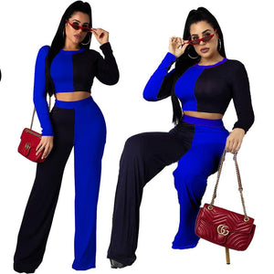 Wide leg Crop Top Women Two Piece Sets Long Sleeve 2pcs Set Woman QM3676