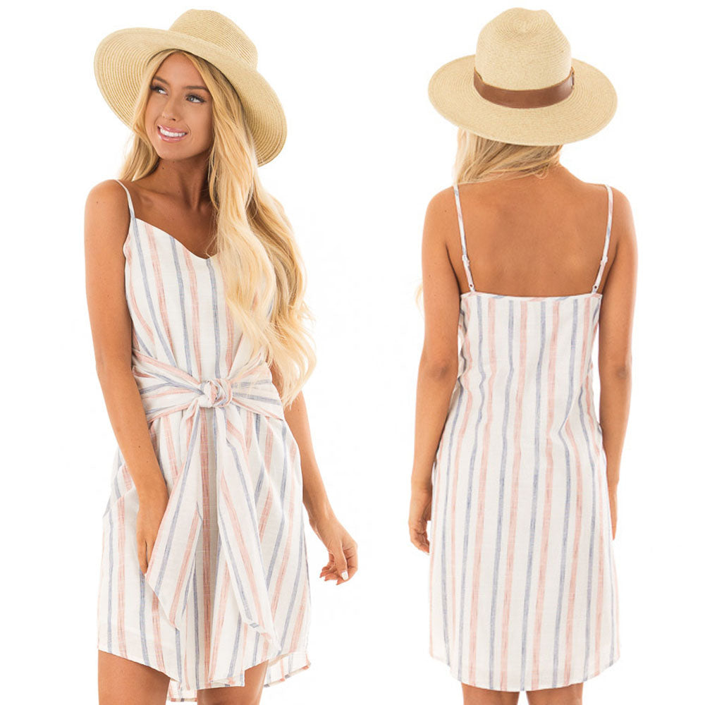 Woman summer casual linen striped fashion mini dresses