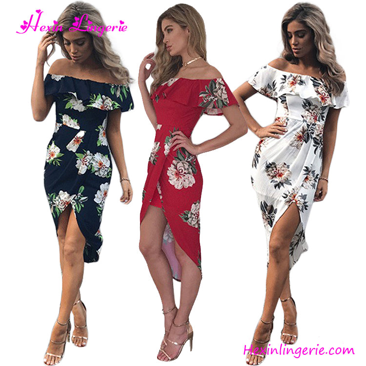 Women Clothes Dresses Summer Floral Off Shoulder Ruffle Long Dress