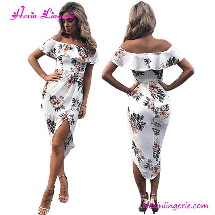 Women Clothes Dresses Summer Floral Off Shoulder Ruffle Long Dress