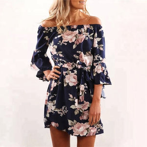 Women Sexy Off Shoulder Floral Print Chiffon Dress Vestidos de fiesta Boho Style Short Party Beach Dress