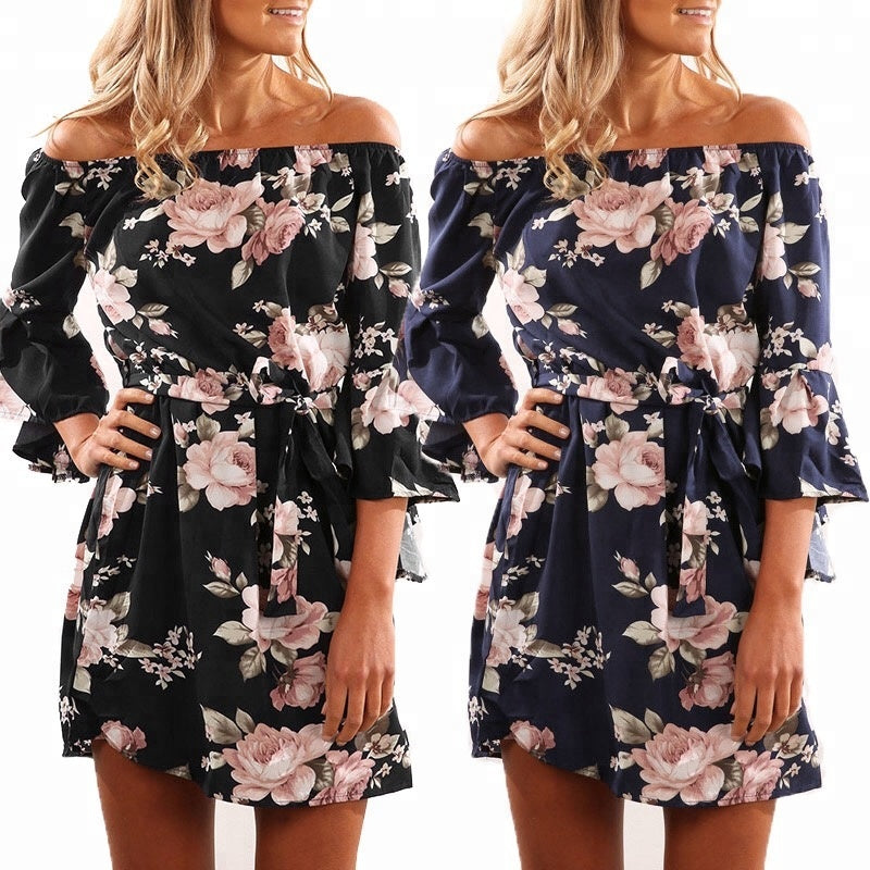 Women Sexy Off Shoulder Floral Print Chiffon Dress Vestidos de fiesta Boho Style Short Party Beach Dress