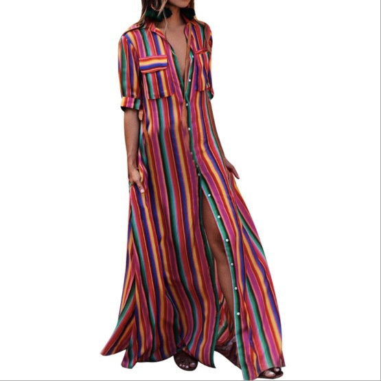 Women Turn-down Neck Color Striped Print Bohemian Maxi Dress Ladies Casual Loose Half Sleeve Long Shirt Dresses Plus Size 3XL