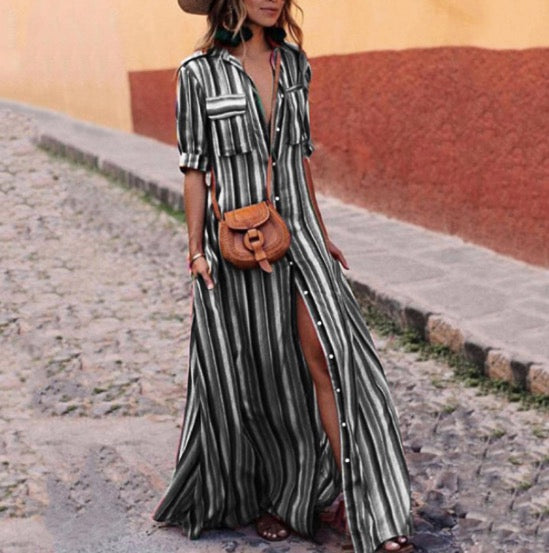 Women Turn-down Neck Color Striped Print Bohemian Maxi Dress Ladies Casual Loose Half Sleeve Long Shirt Dresses Plus Size 3XL