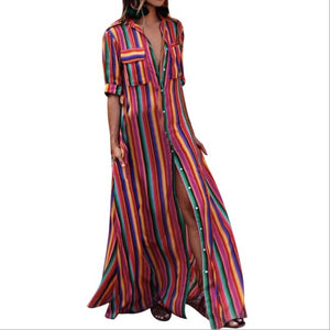 Women Turn-down Neck Color Striped Print Bohemian Maxi Dress Ladies Casual Loose Half Sleeve Long Shirt Dresses Plus Size 3XL