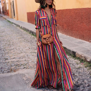 Women Turn-down Neck Color Striped Print Bohemian Maxi Dress Ladies Casual Loose Half Sleeve Long Shirt Dresses Plus Size 3XL