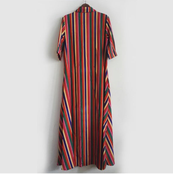 Women Turn-down Neck Color Striped Print Bohemian Maxi Dress Ladies Casual Loose Half Sleeve Long Shirt Dresses Plus Size 3XL