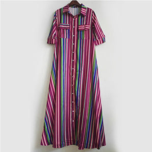 Women Turn-down Neck Color Striped Print Bohemian Maxi Dress Ladies Casual Loose Half Sleeve Long Shirt Dresses Plus Size 3XL