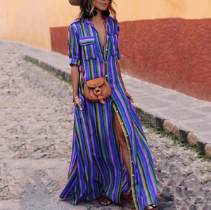 Women Turn-down Neck Color Striped Print Bohemian Maxi Dress Ladies Casual Loose Half Sleeve Long Shirt Dresses Plus Size 3XL