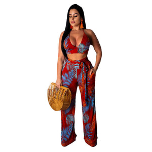 Women Two Piece Set Leaves Print Strap Cropped Top Pants High Waist Wide Leg Pant Sexy Sweatsuit Casual Beach Suits Y11592