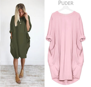 Womens Fashion Full Sleeve Pocket Loose Dress Ladies Crew Neck Casual Long Tops Dress Plus Size