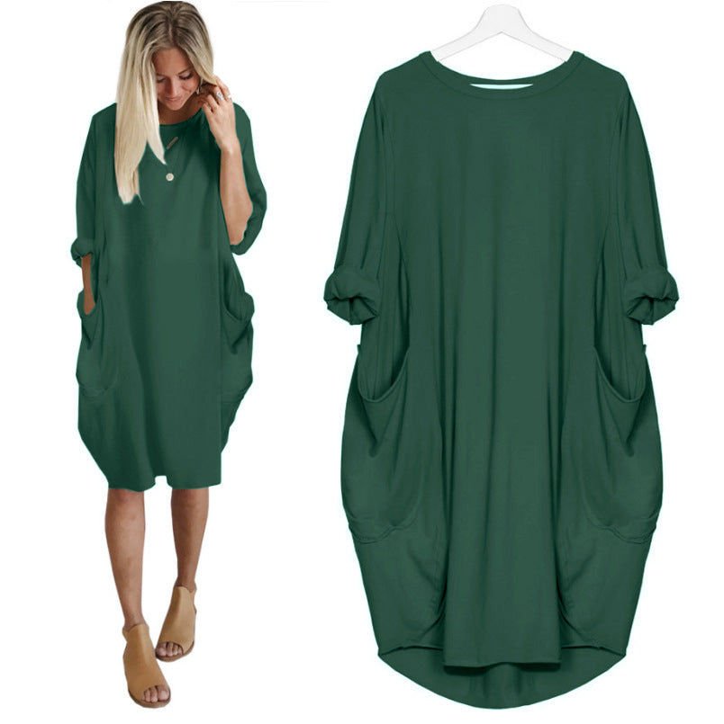 Womens Fashion Full Sleeve Pocket Loose Dress Ladies Crew Neck Casual Long Tops Dress Plus Size