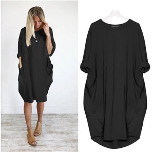 Womens Fashion Full Sleeve Pocket Loose Dress Ladies Crew Neck Casual Long Tops Dress Plus Size