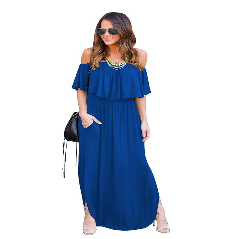 Womens Floral Off The Shoulder Dresses Summer Casual Ruffle High Waist Slit Long Maxi Dress with Pockets