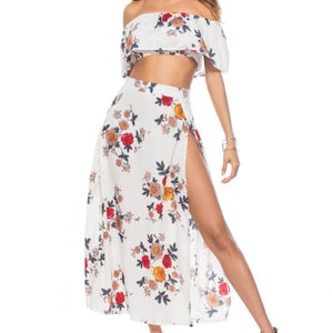 breathable floral white off shoulder casual summer women two piece set dress 307787