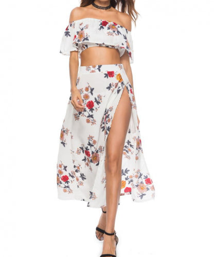 breathable floral white off shoulder casual summer women two piece set dress 307787