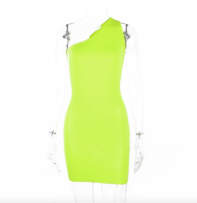 one-shoulder backless neon green orange solid dresses women fashion high waist party club sexy streetwear dress