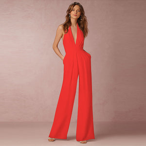 wholesale autumn Europe and the United States women solid color Sexy sleeveless halter jumpsuit