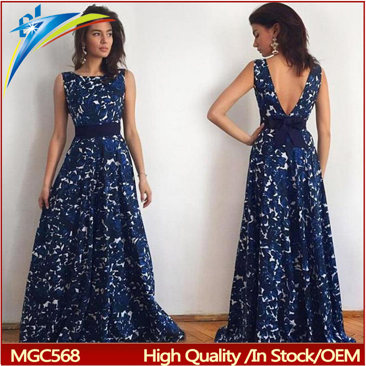 woman evening party dress sexy backless wedding dress hot blue sleeveless printed dress