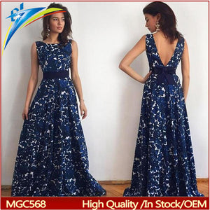 woman evening party dress sexy backless wedding dress hot blue sleeveless printed dress