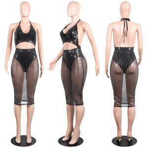 women fashion sexy halter backless mesh transparent sequins bandage club dress T2011