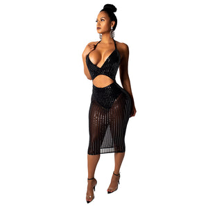 women fashion sexy halter backless mesh transparent sequins bandage club dress T2011