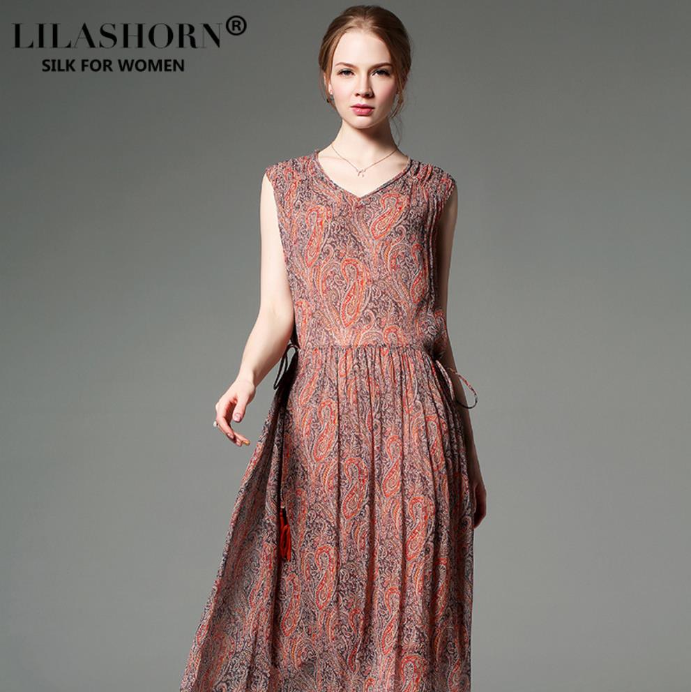 women summer 100%silk Bohemian style long dress