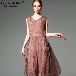 women summer 100%silk Bohemian style long dress