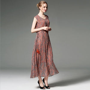 women summer 100%silk Bohemian style long dress